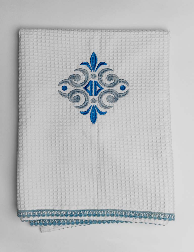 Blue Embroidered Motif Waffle Bath Sheet